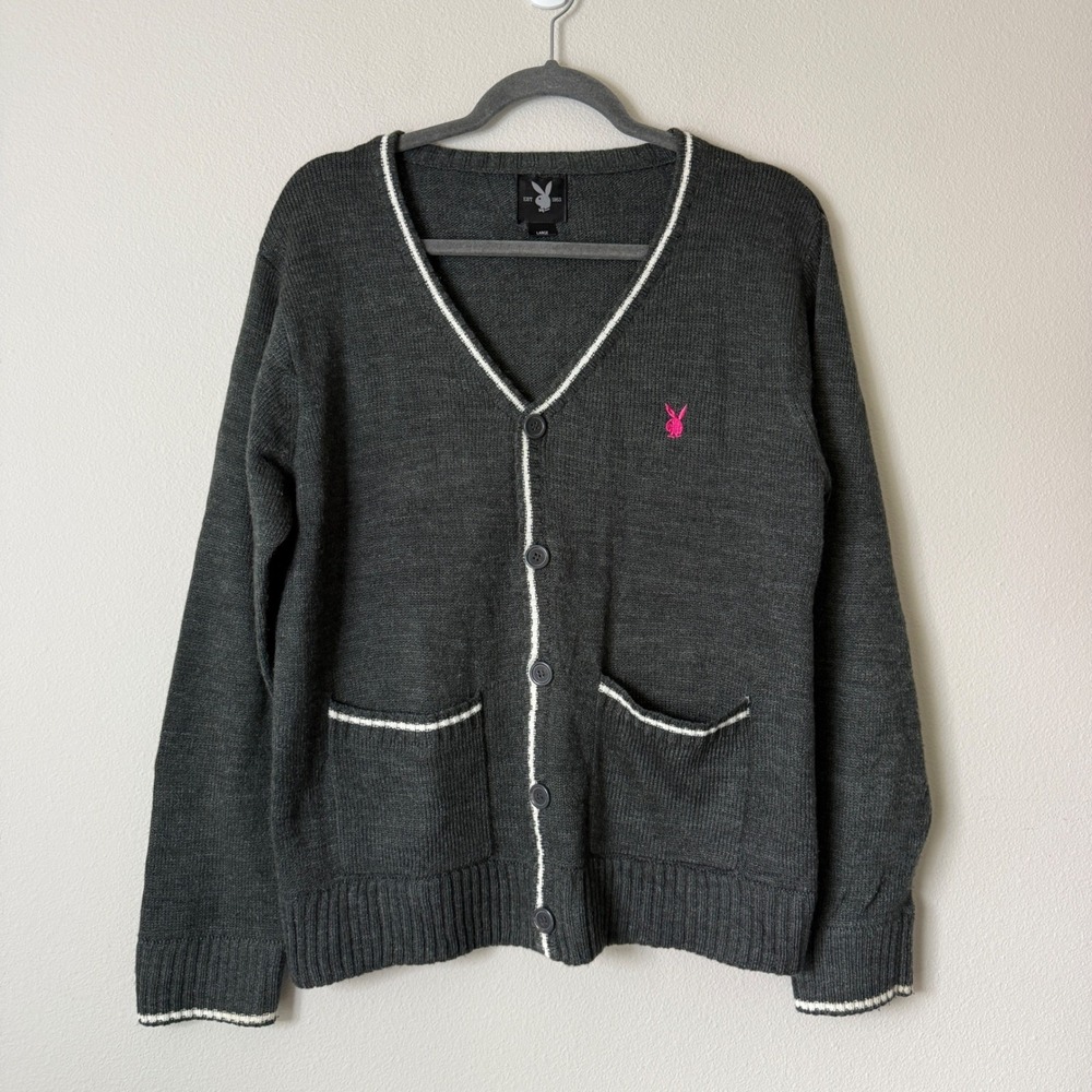 Playboy Mens Gray Cardigan Sweater Pink Bunny Logo V-Neck Large Vintage‎ Y2K
